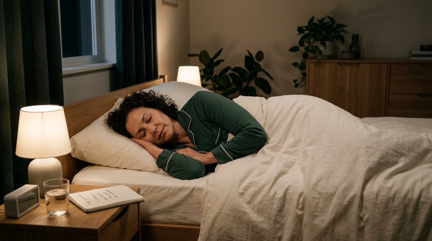 A calm bedroom scene at night with an adult sleeping restfully, illustrating recommended sleep duration for adults by age.