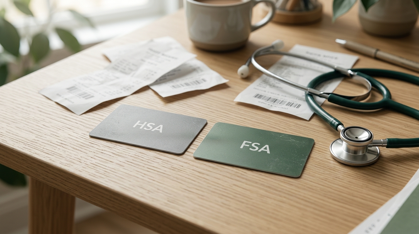 Two labeled health spending cards side by side, an HSA card and an FSA card, on a calm neutral desk background with a stethoscope and receipts, illustrating a comparison of US pre-tax health care accounts.