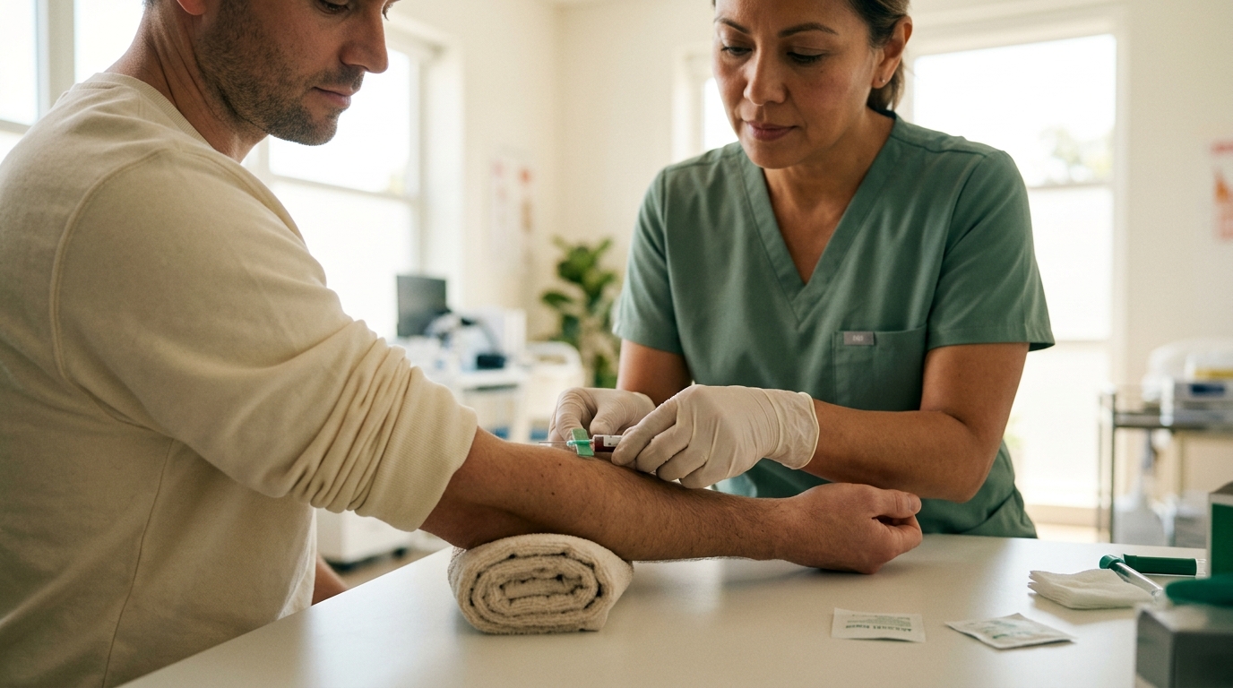 A medical professional draws blood from a patient's arm vein for a testosterone test. · KI-generiert